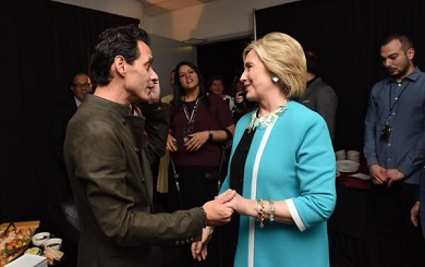 Hillary joined @MarcAnthony on stage at his concert in Miami. Thanks for the warm welcome, Marc!