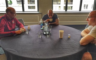 Just three generations of #USMNT goalkeepers conversing over a cup of joe before training. #coffeetalk 